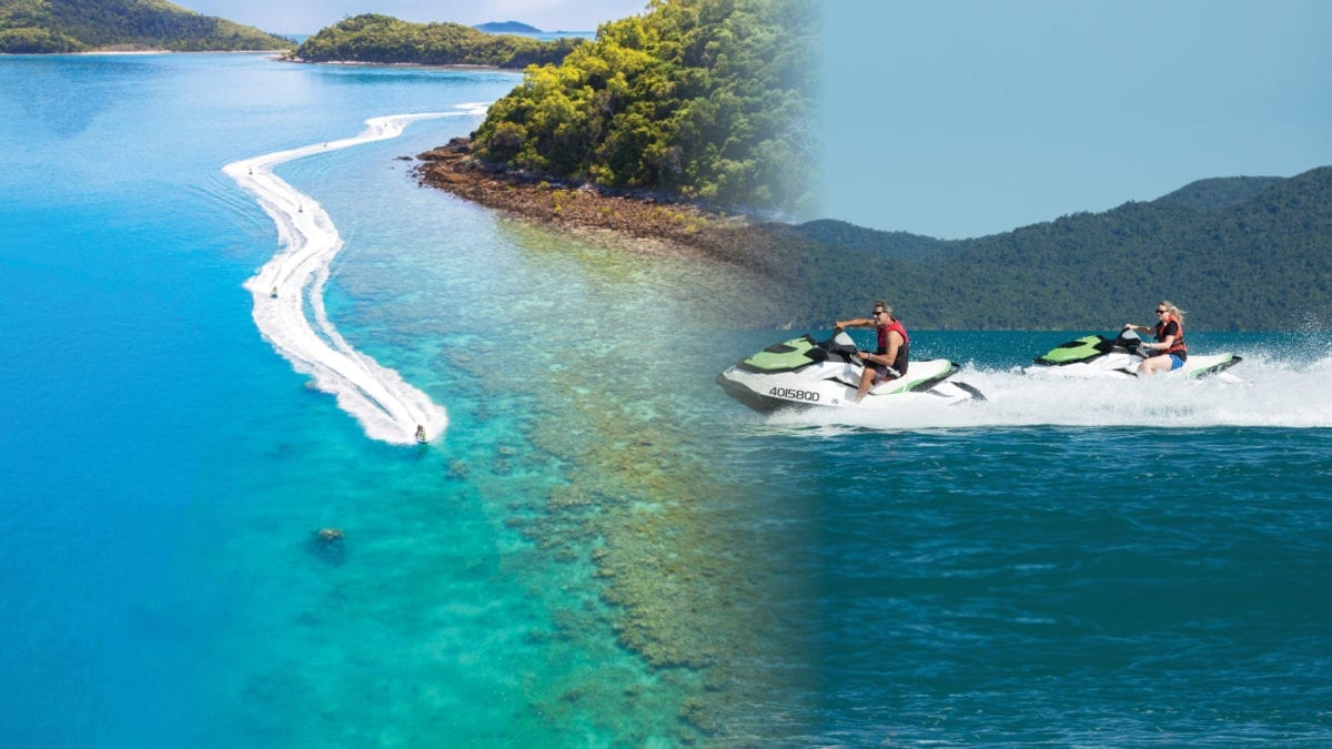 Two images. The first is a wake line created by jet skis in the crystal clear waters of the Whitsunday Islands. The second is of two people on a jet ski spraying water behind them as they jet around the Whitsunday Islands.