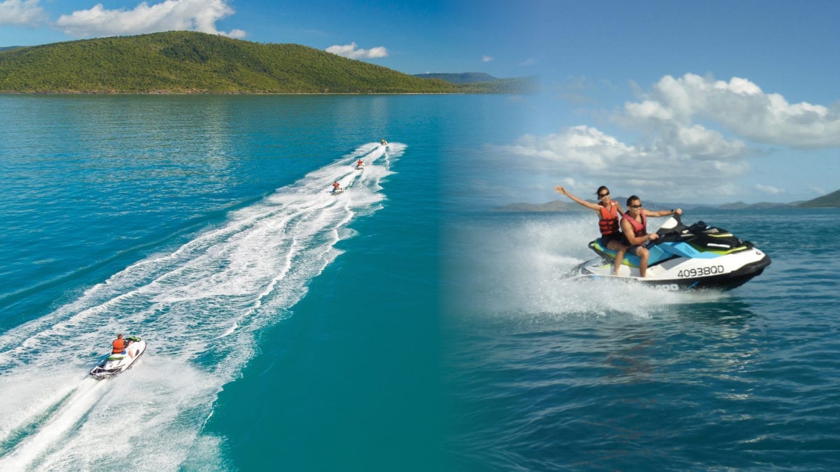 Two images. The first is a wake line created by jet skis in the crystal clear waters of the Whitsunday Islands. The second is of two people on a jet ski spraying water behind them as they jet around the Whitsunday Islands.