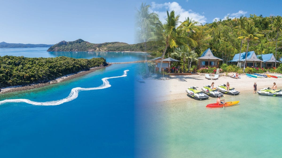 Two images. The first is a zigzag created by jet skis in the crystal clear waters of the Whitsunday Islands. The second has people sitting on jet skis and enjoying the beach by a tropical resort.